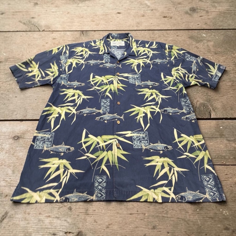 AFTCO Fishing Shirt Mens XL Navy Blue Fish Bamboo Print Short Sleeve Button Down